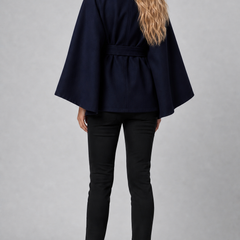 Navy wool-blend cape coat with high collar and tie belt