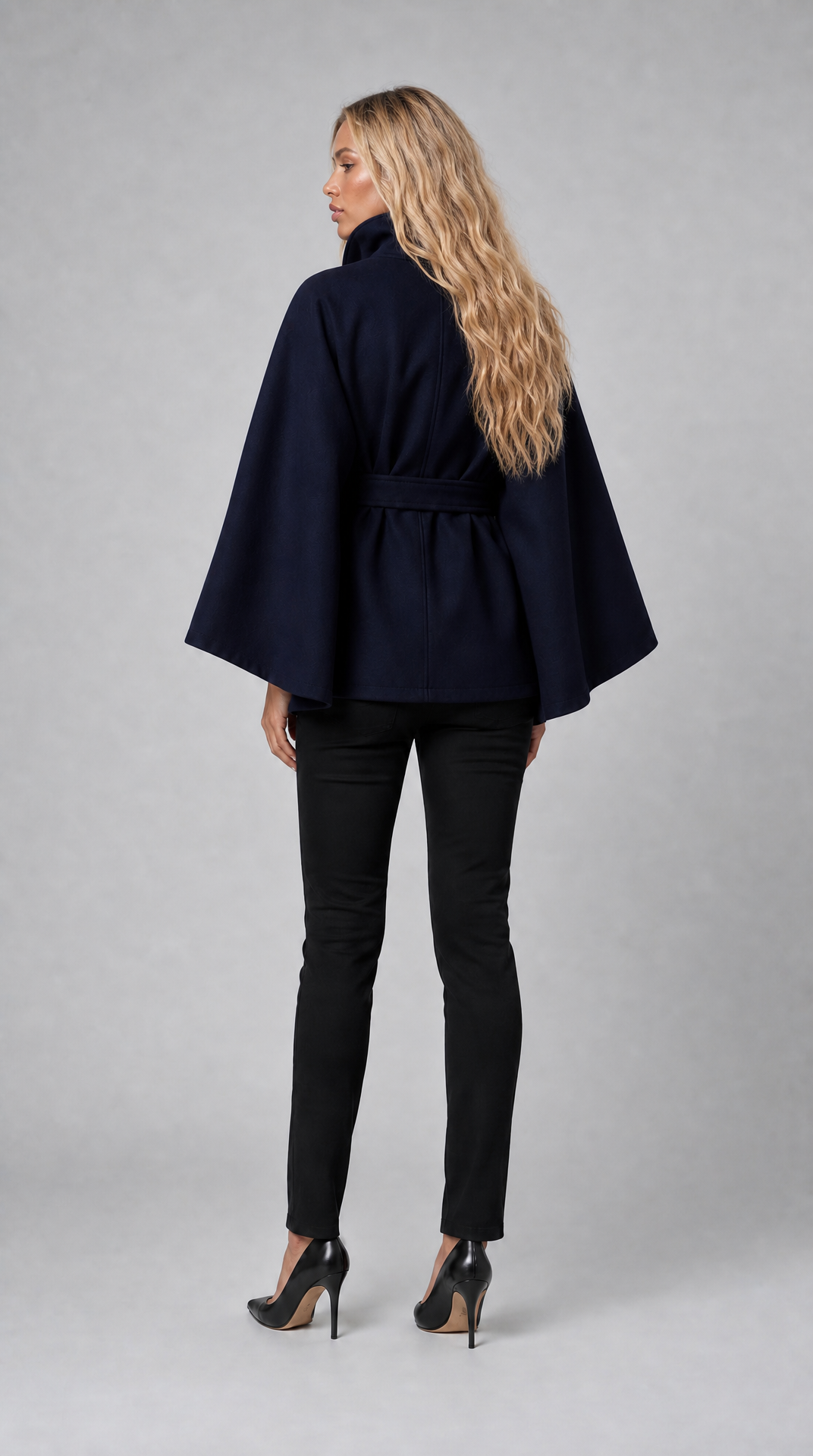 Navy wool-blend cape coat with high collar and tie belt