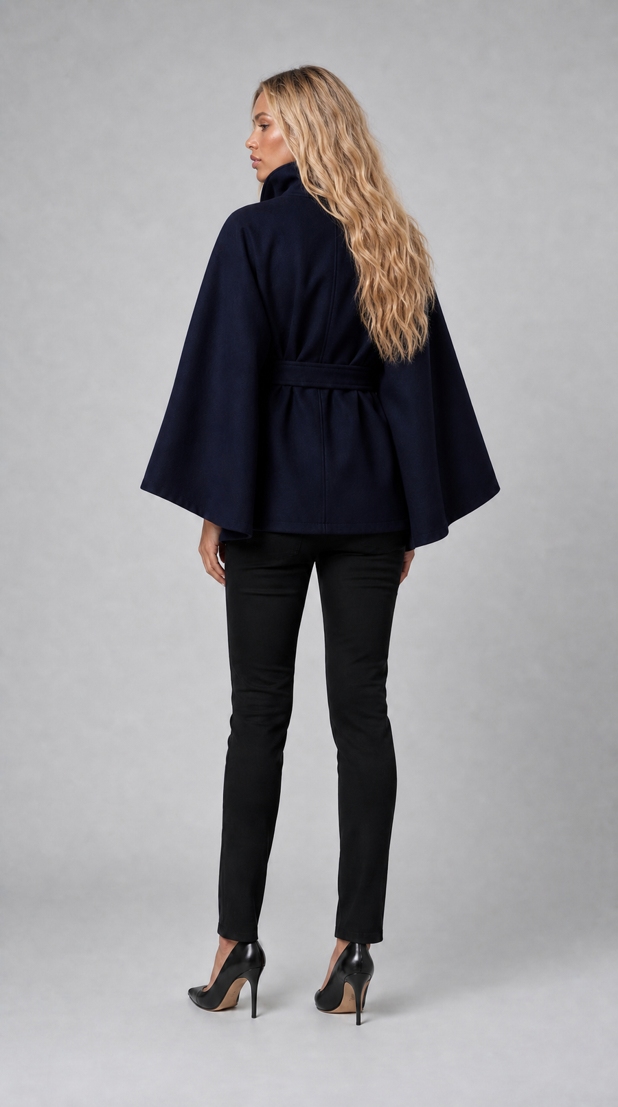 Navy wool-blend cape coat with high collar and tie belt