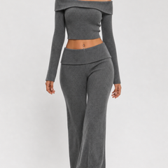 Grey two-piece off-shoulder knit top and flared trousers set