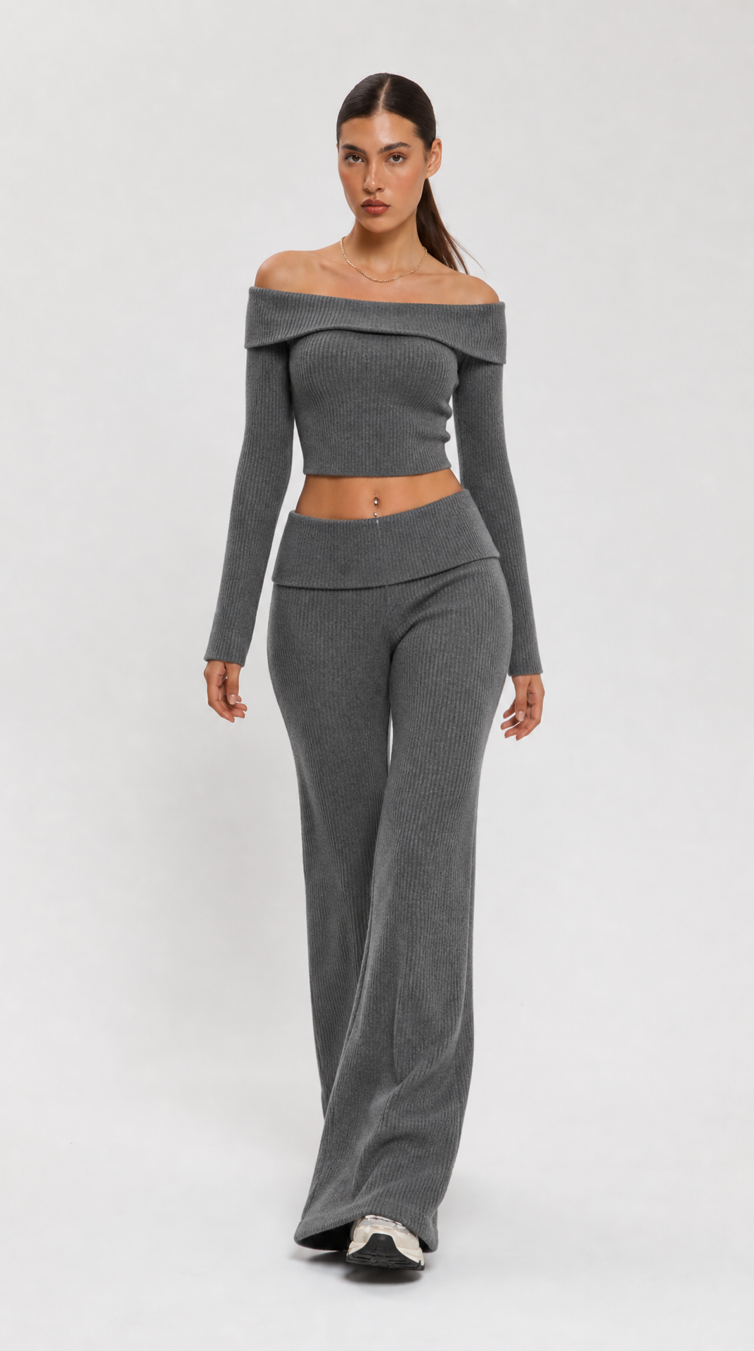 Grey two-piece off-shoulder knit top and flared trousers set