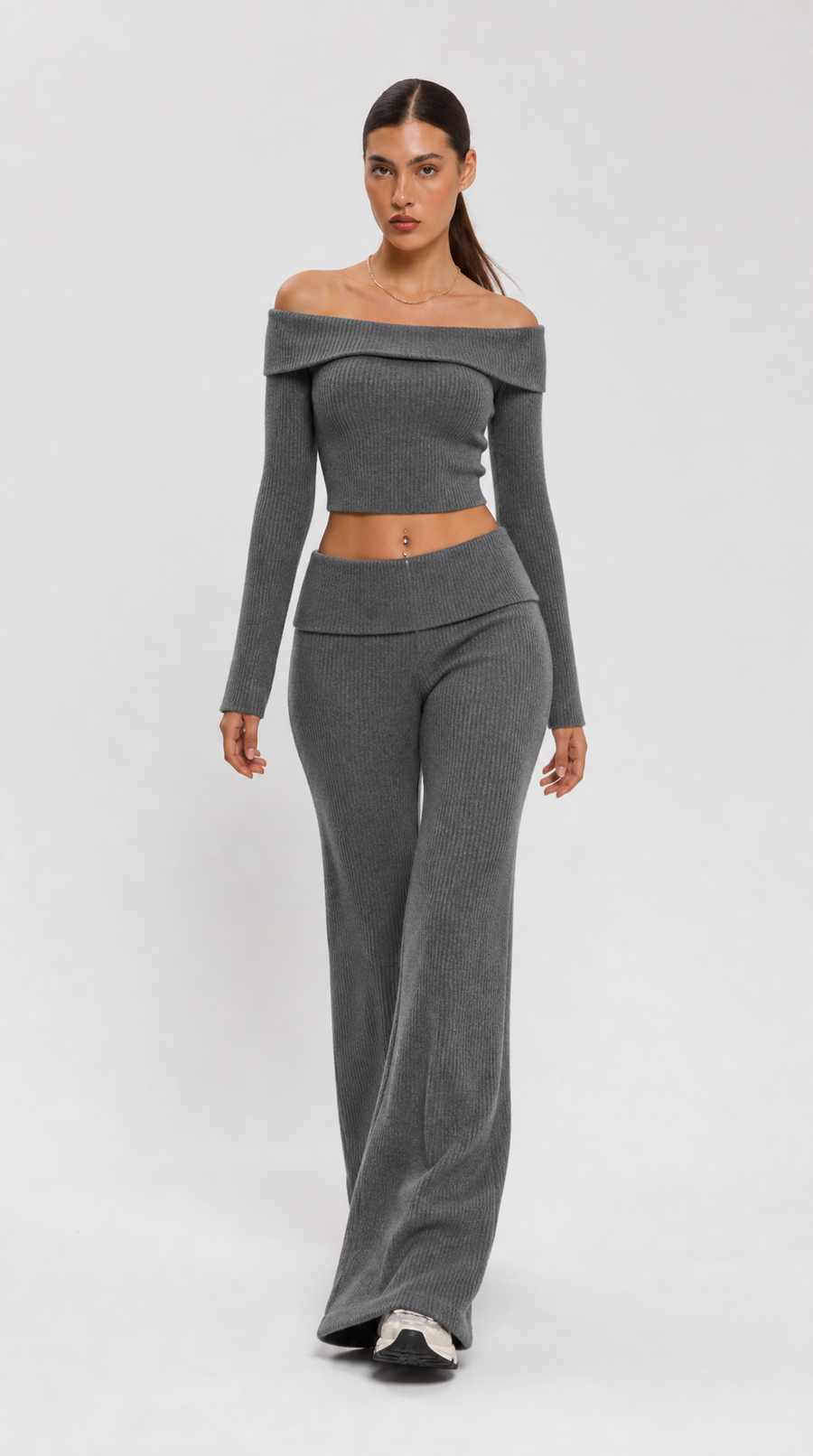 Grey two-piece off-shoulder knit top and flared trousers set