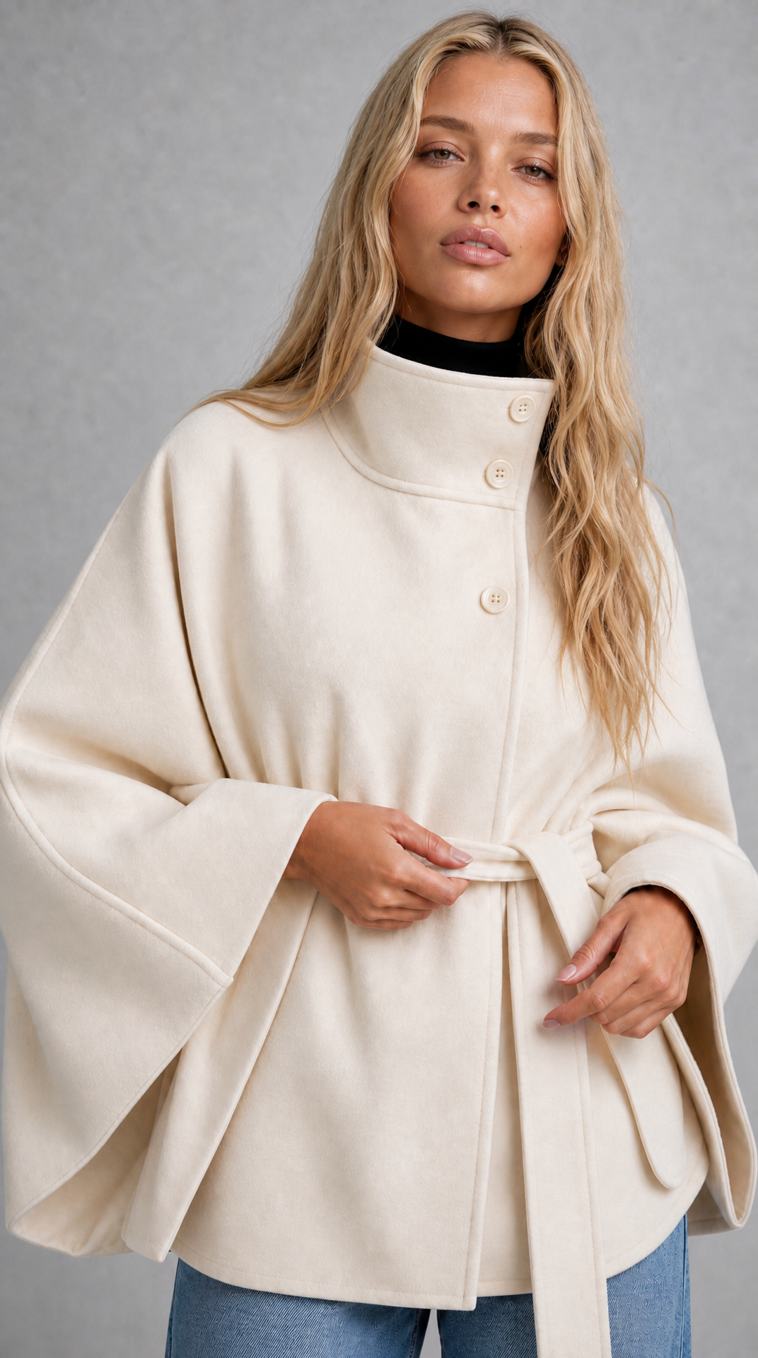 Cream wool-blend cape coat with high collar and tie belt