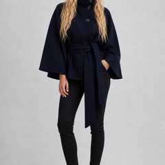 Navy wool-blend cape coat with high collar and tie belt