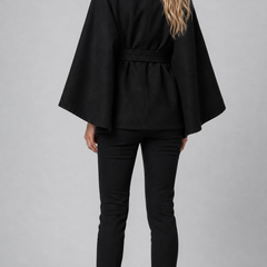 Black wool-blend cape coat with high collar and tie belt