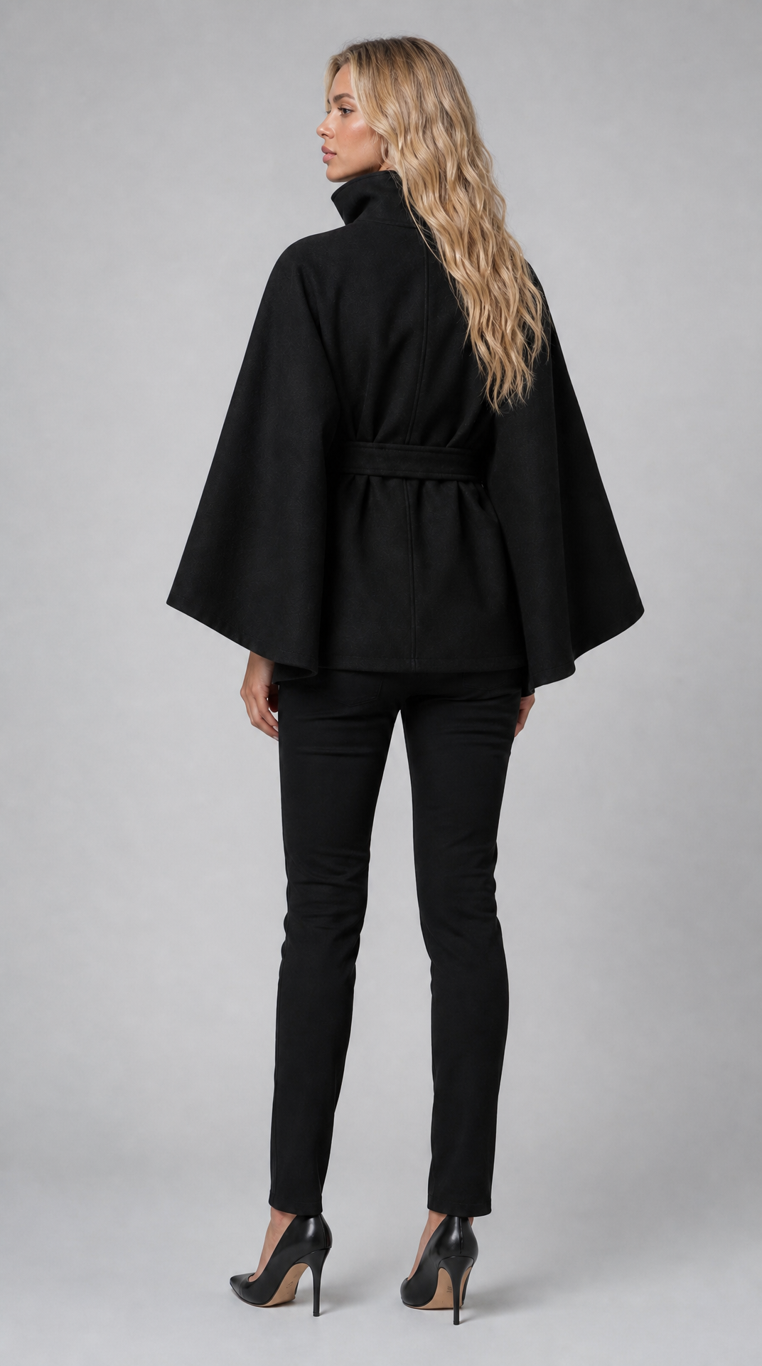 Black wool-blend cape coat with high collar and tie belt