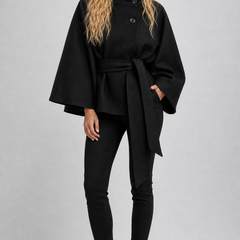 Black wool-blend cape coat with high collar and tie belt