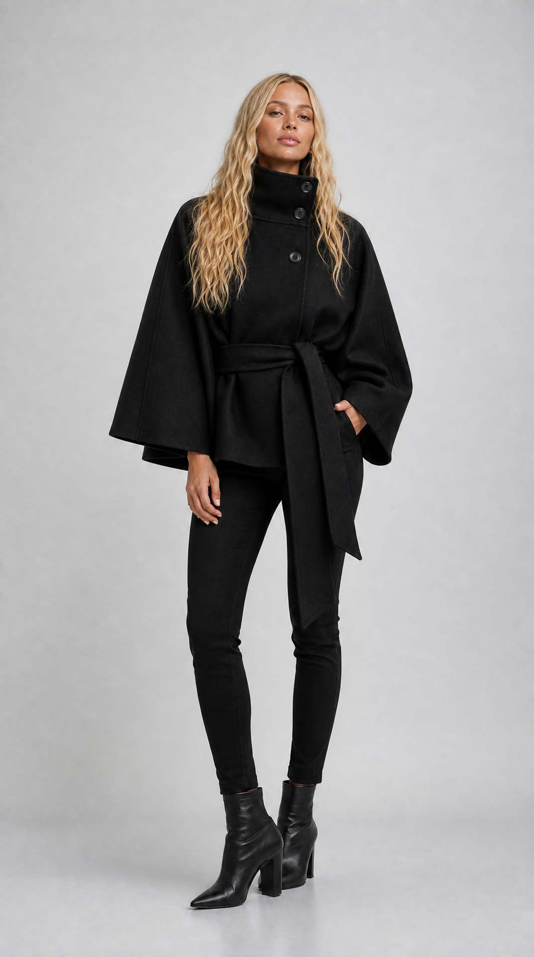 Black wool-blend cape coat with high collar and tie belt