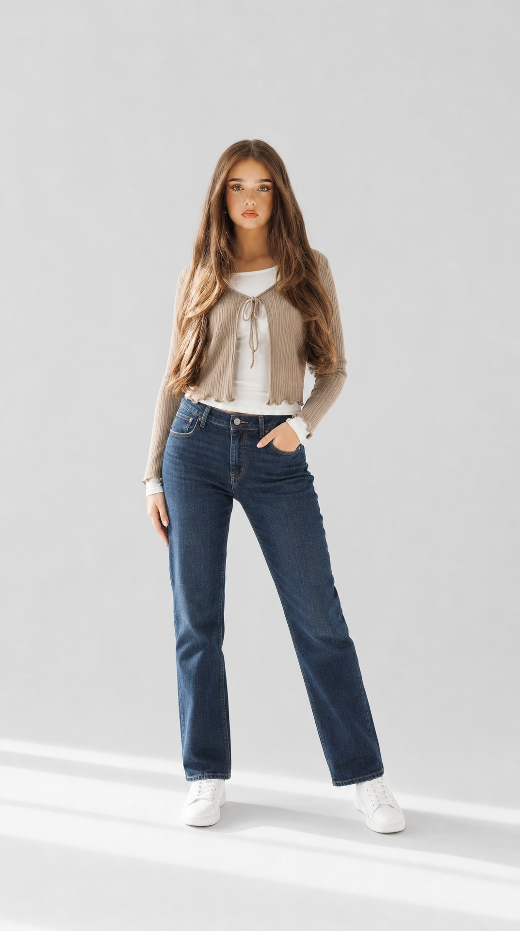 Ribbed wrap cardigan with front tie and scalloped hem