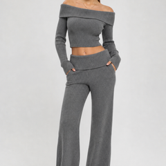 Grey two-piece off-shoulder knit top and flared trousers set