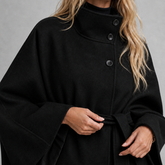 Black wool-blend cape coat with high collar and tie belt