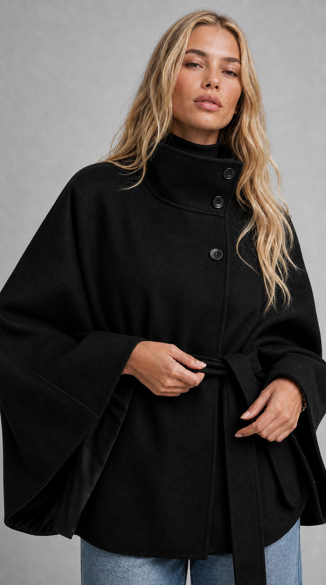 Black wool-blend cape coat with high collar and tie belt