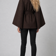 Brown wool-blend cape coat with high collar and tie belt