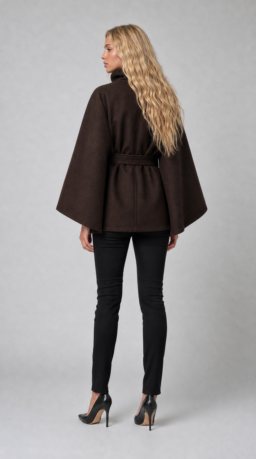 Brown wool-blend cape coat with high collar and tie belt