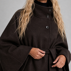 Brown wool-blend cape coat with high collar and tie belt