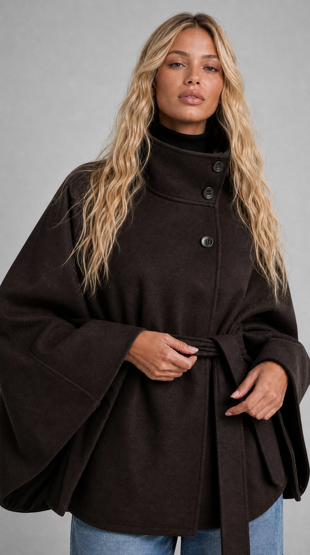 Brown wool-blend cape coat with high collar and tie belt