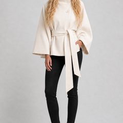 Cream wool-blend cape coat with high collar and tie belt