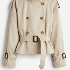 Beige cropped double-breasted belted trench jacket
