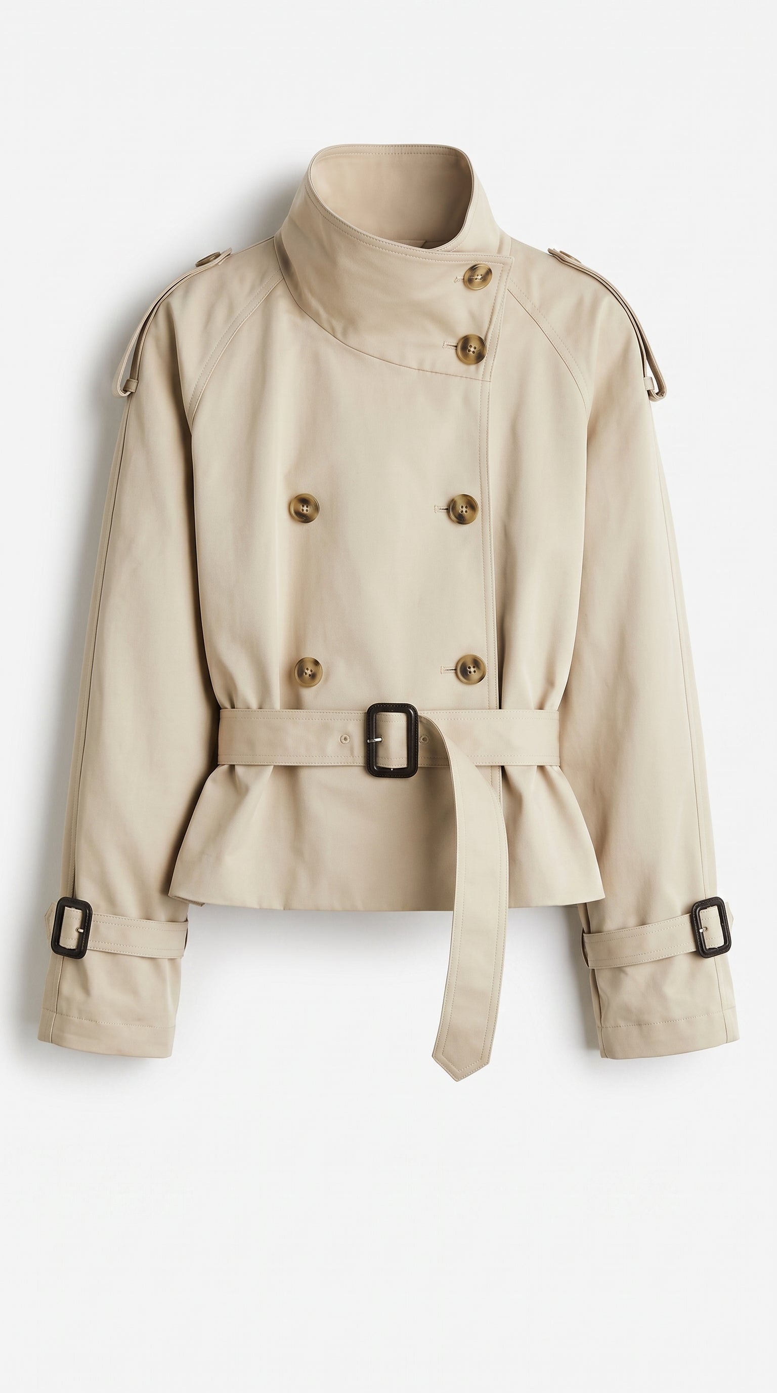 Beige cropped double-breasted belted trench jacket
