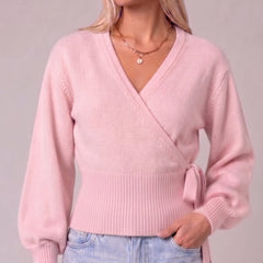 Pink wrap blouse with balloon sleeves and side tie