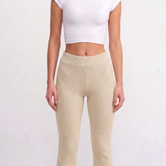 Cream ribbed knit flared trousers