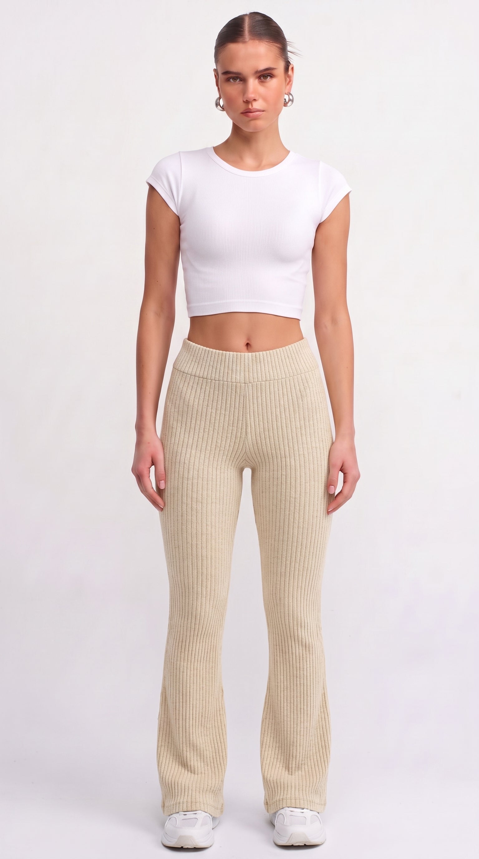 Cream ribbed knit flared trousers