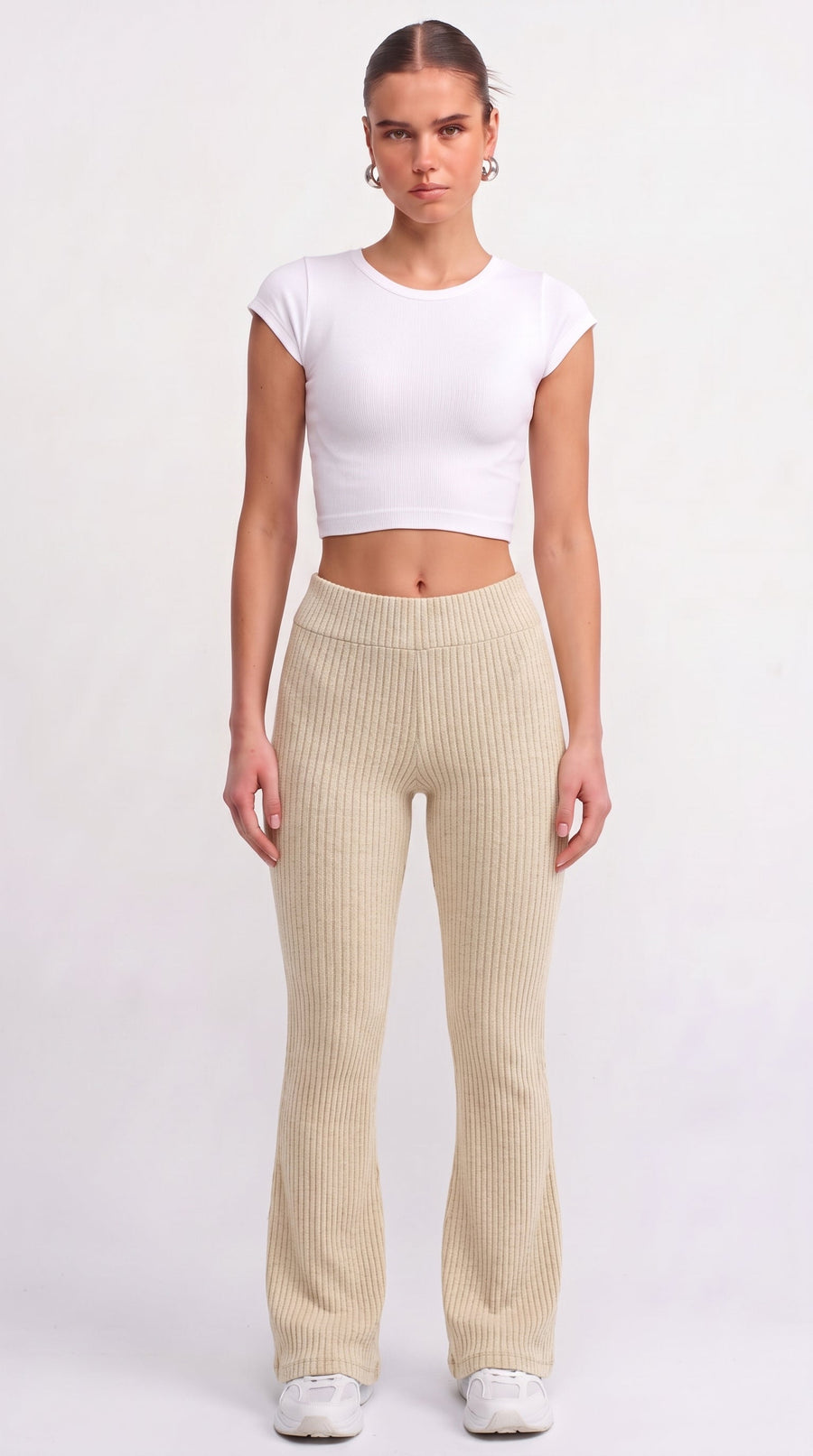 Cream ribbed knit flared trousers