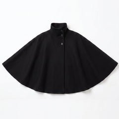 Black wool-blend cape coat with high collar and tie belt