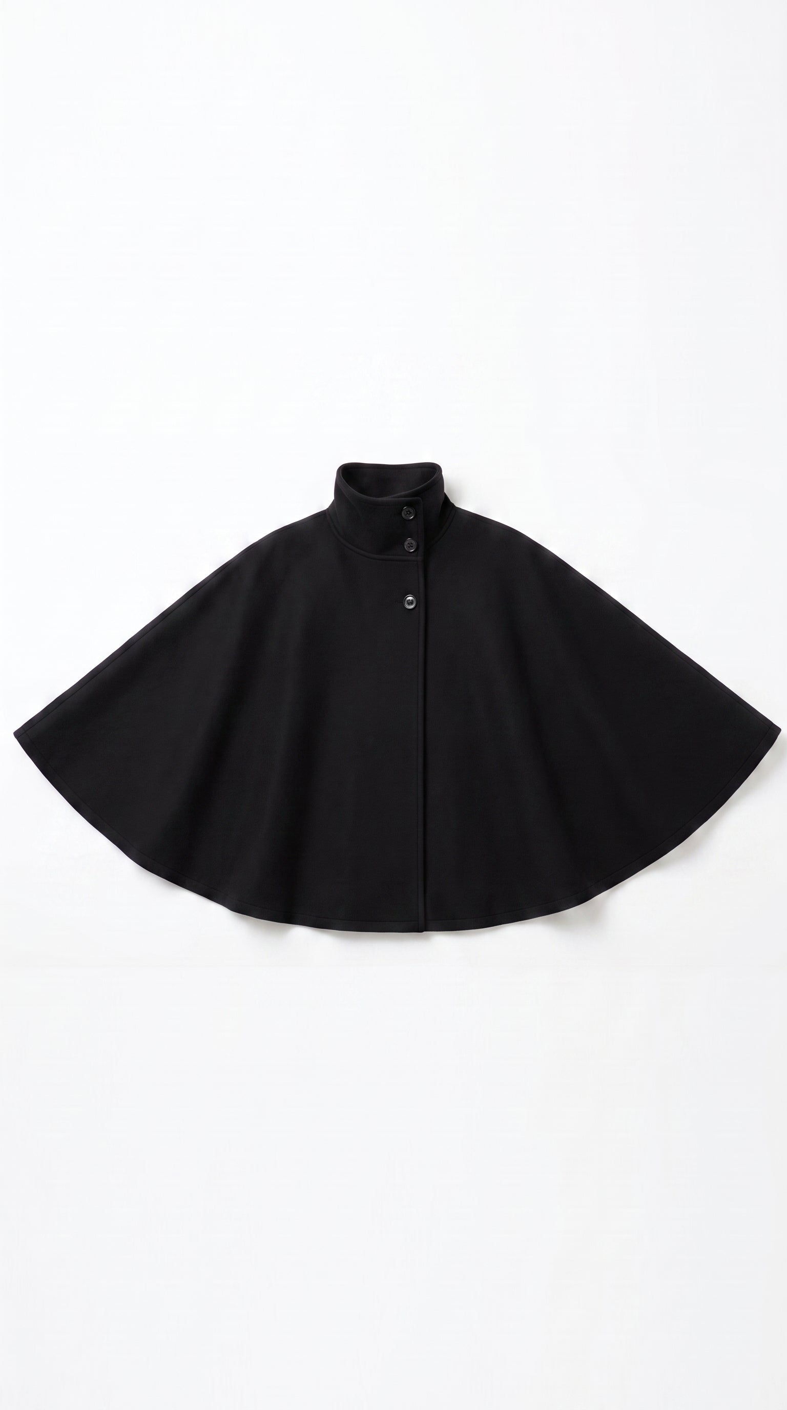 Black wool-blend cape coat with high collar and tie belt