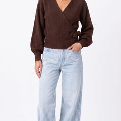 Brown wrap blouse with balloon sleeves and side tie