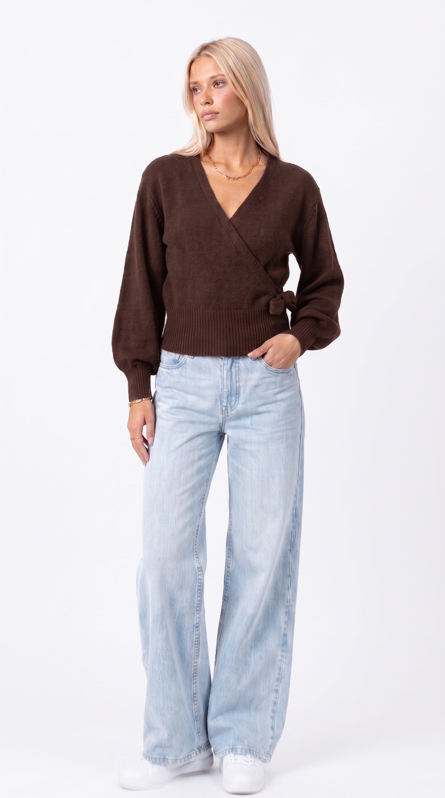 Brown wrap blouse with balloon sleeves and side tie