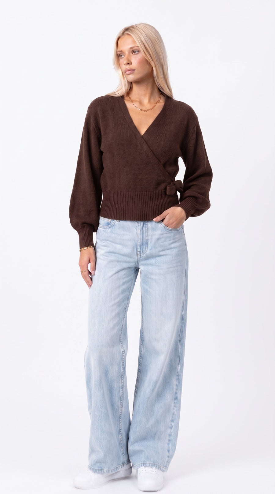 Brown wrap blouse with balloon sleeves and side tie