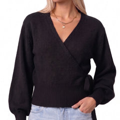 Black wrap blouse with balloon sleeves and side tie