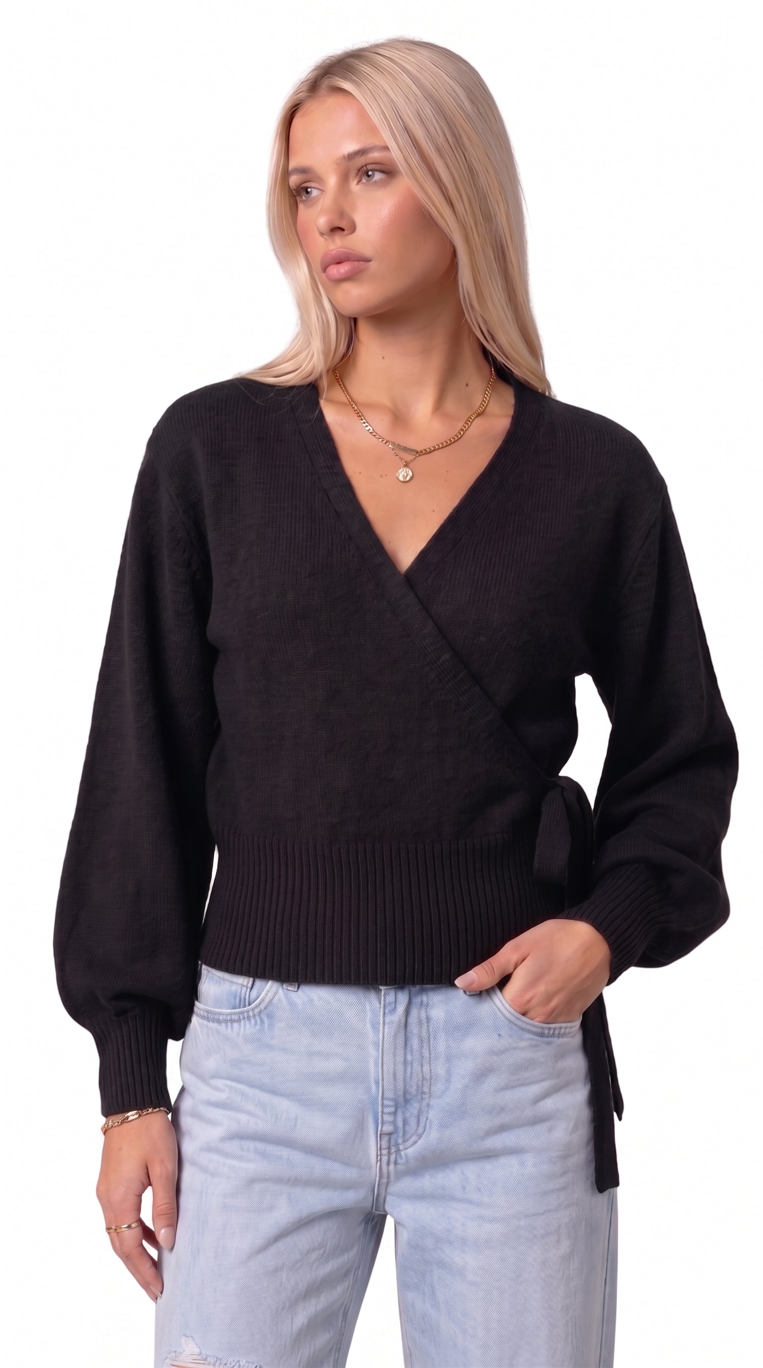 Black wrap blouse with balloon sleeves and side tie