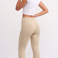 Cream ribbed knit flared trousers
