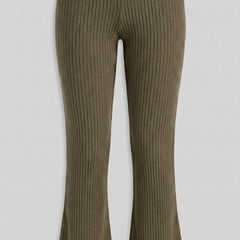 Olive ribbed knit flared trousers
