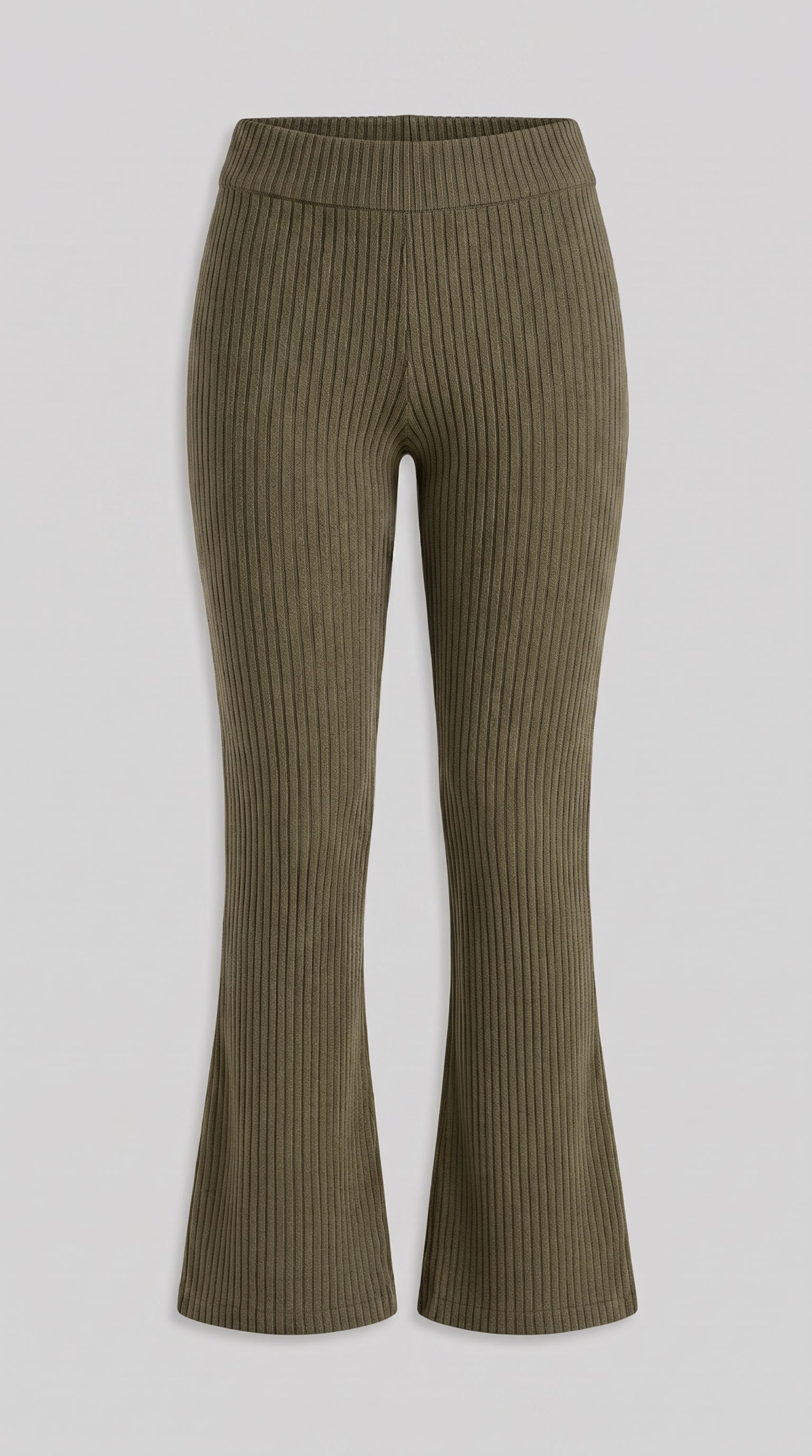 Olive ribbed knit flared trousers