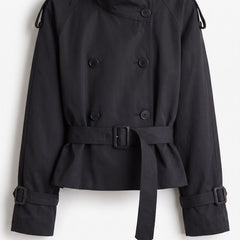 Black cropped double-breasted belted trench jacket