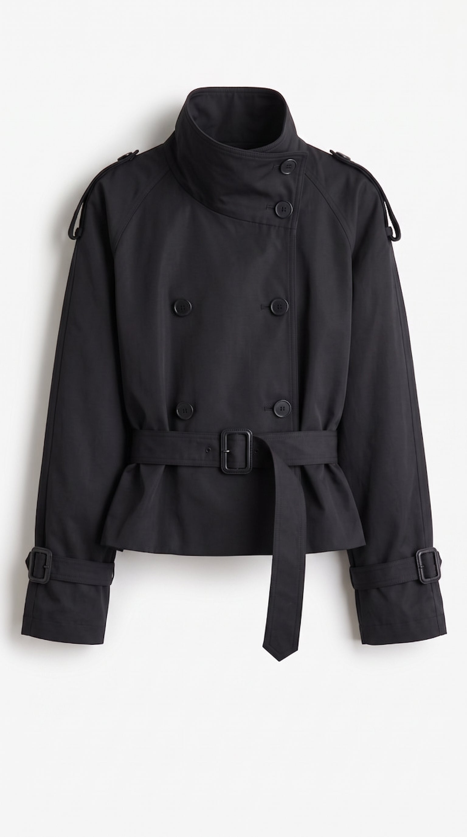 Black cropped double-breasted belted trench jacket