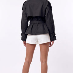 Black cropped double-breasted belted trench jacket