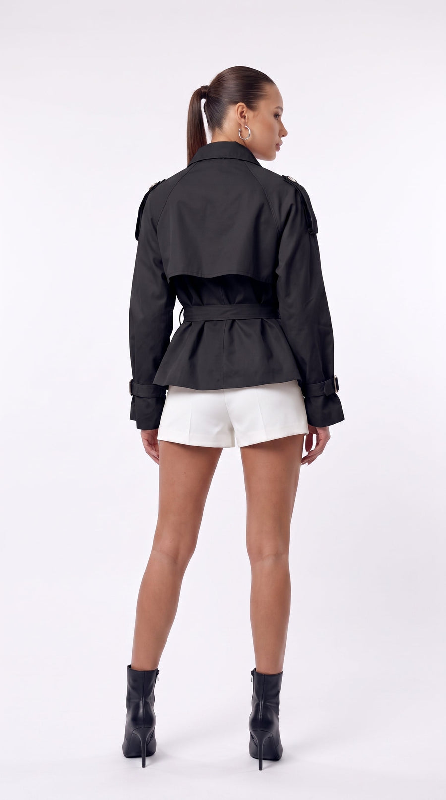 Black cropped double-breasted belted trench jacket