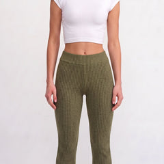 Olive ribbed knit flared trousers