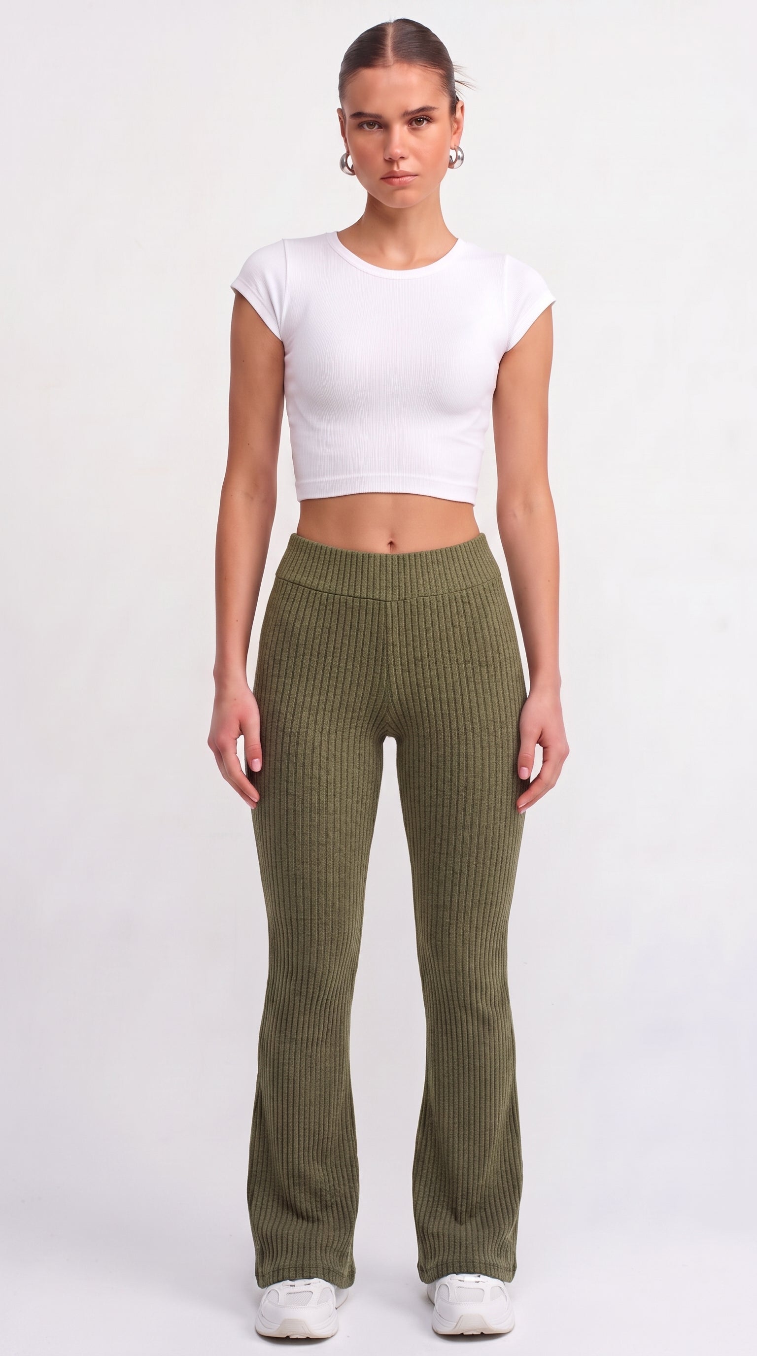 Olive ribbed knit flared trousers
