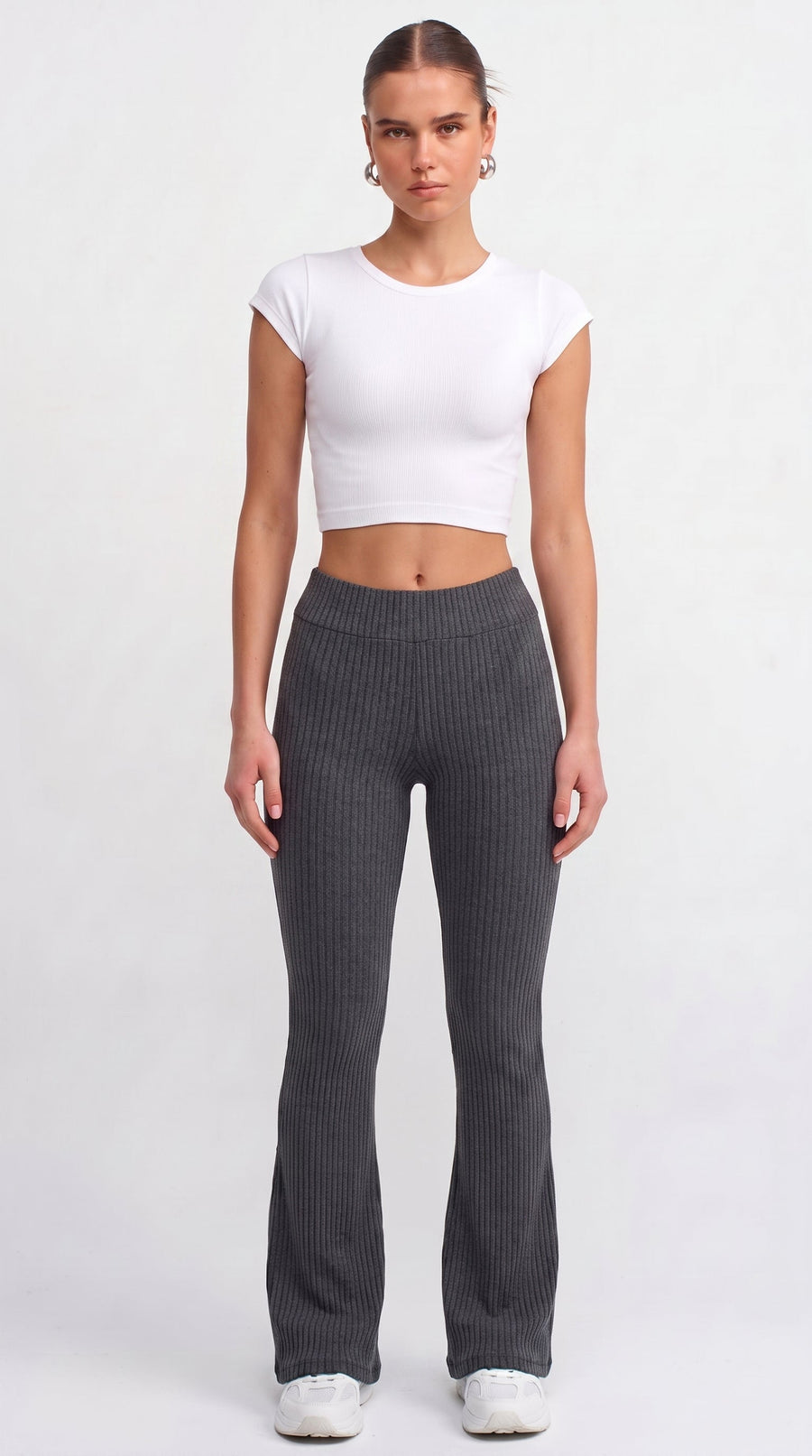 Charcoal ribbed knit flared trousers