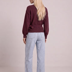 Burgundy wrap blouse with balloon sleeves and side tie