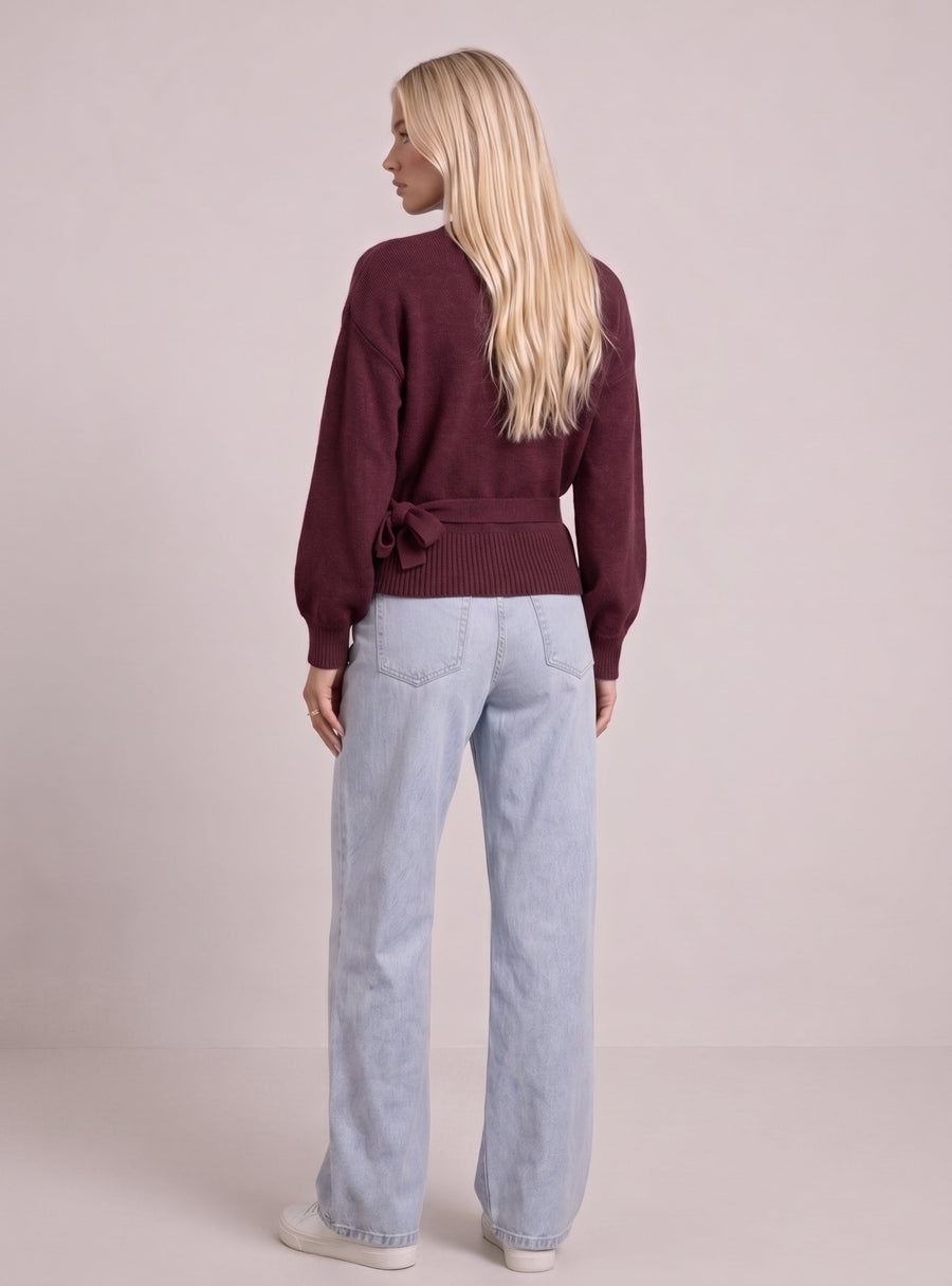 Burgundy wrap blouse with balloon sleeves and side tie