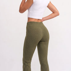 Olive ribbed knit flared trousers