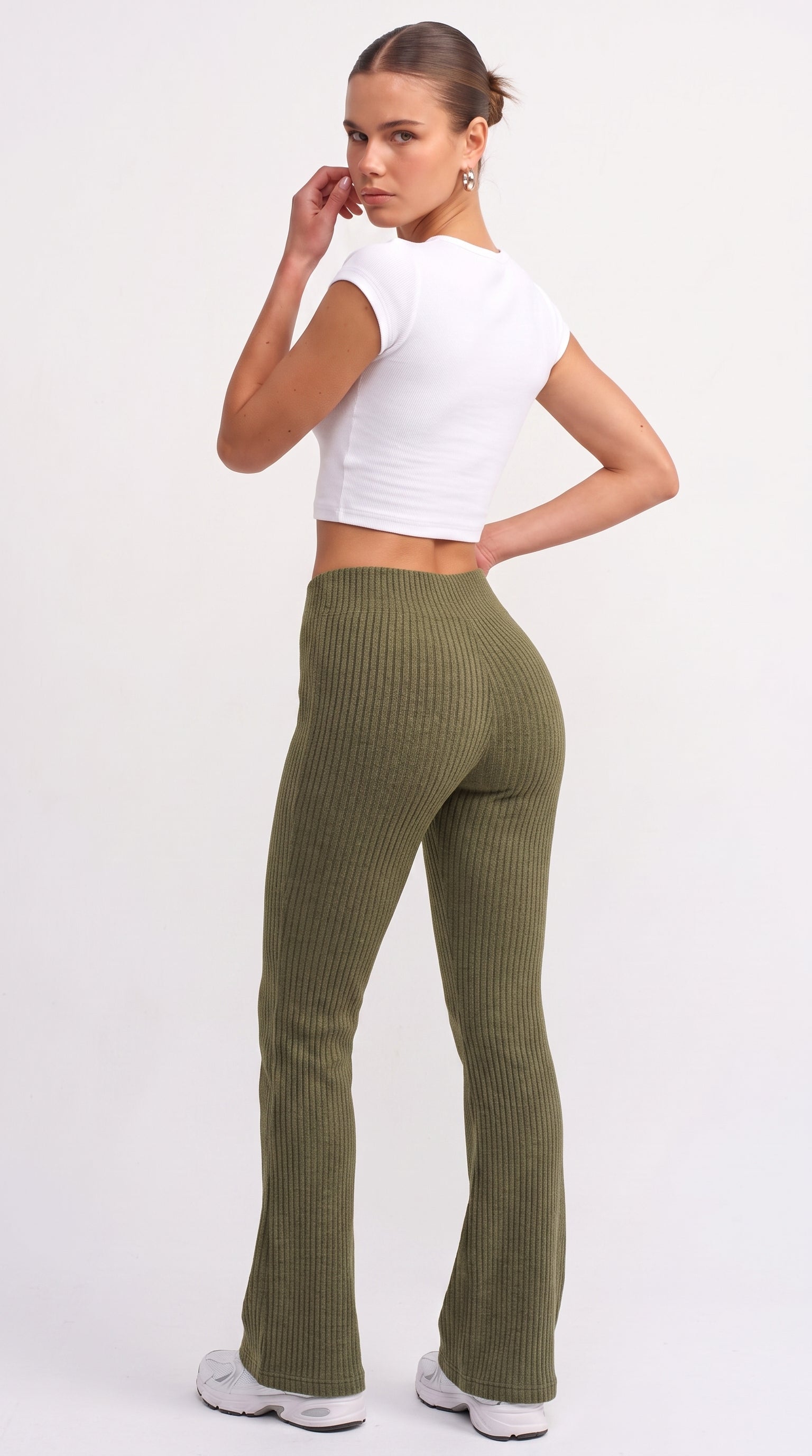 Olive ribbed knit flared trousers