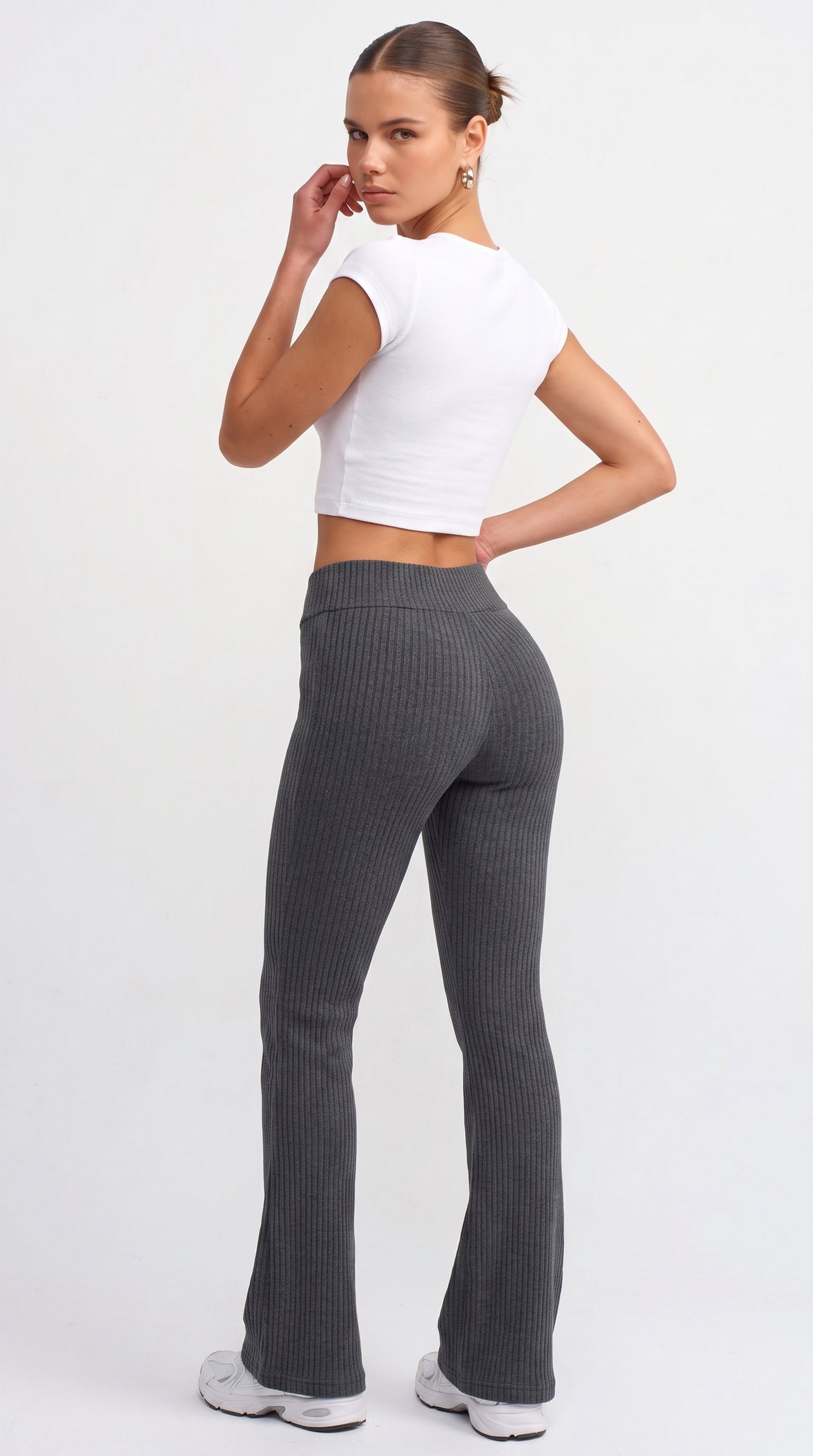 Charcoal ribbed knit flared trousers