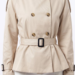 Beige cropped double-breasted belted trench jacket